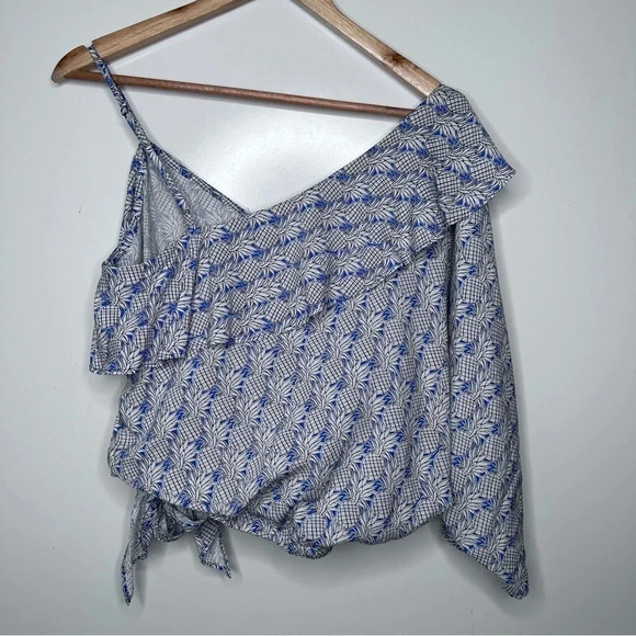 Maeve Anthropologie Blue Pineapple Print Ruffle Cropped Blouse Size Small - Picture 8 of 11